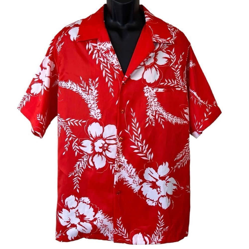Vintage 70s Hilo Hatties Red Hawaiian Button Up Shirt